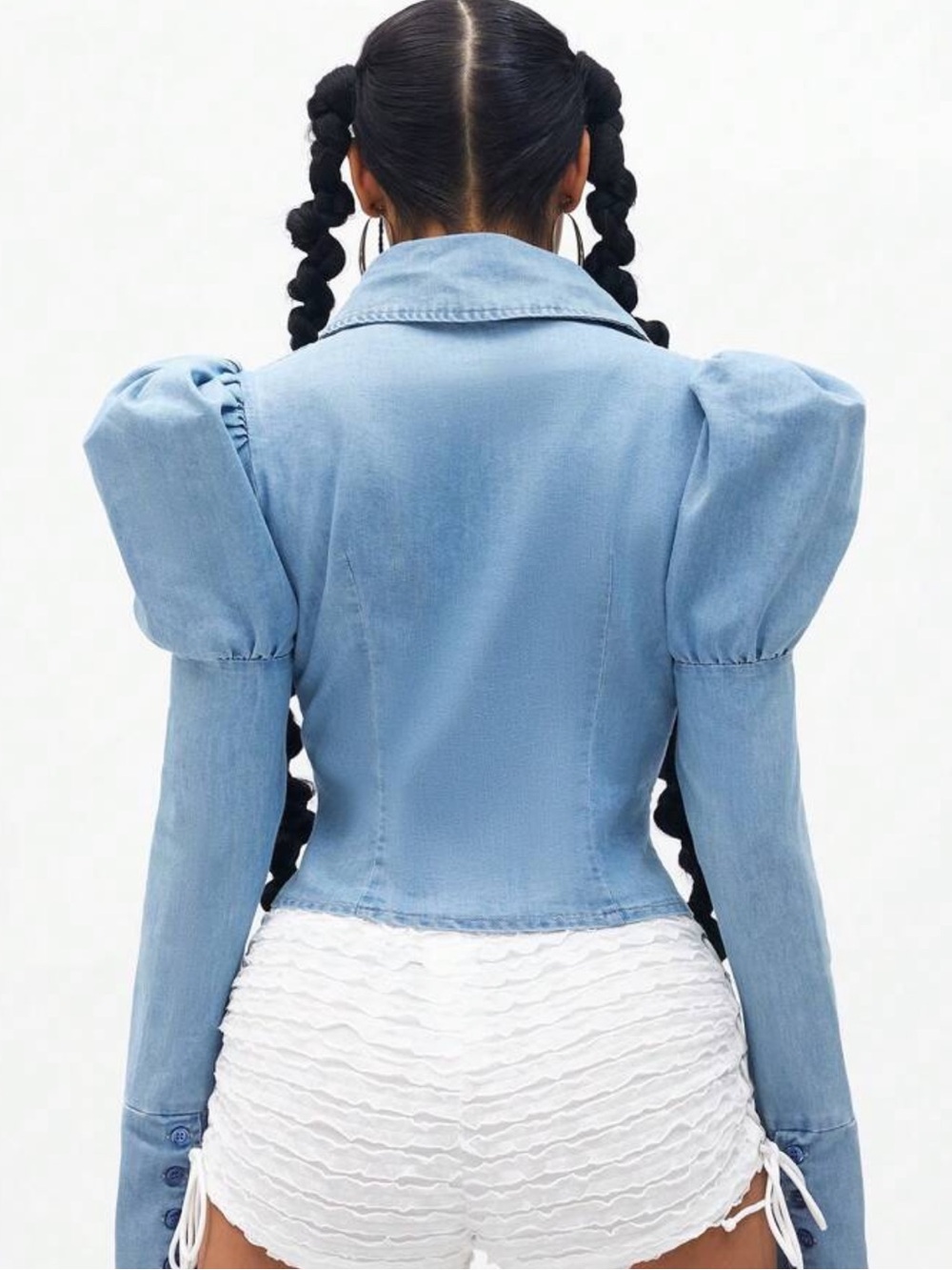 Denim blouse with corset detail lace up front puffy shoulders snatched waist - Picture 2 of 4